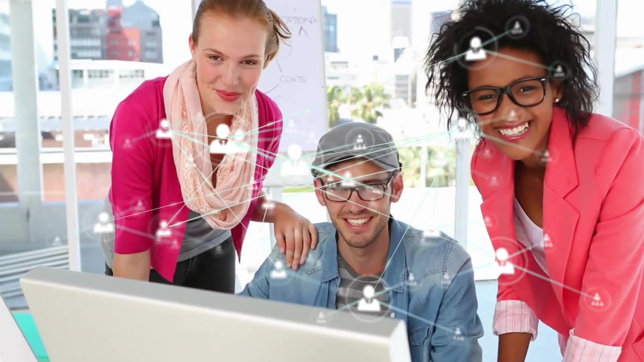 Animation of network of connections with icons over diverse business people in office