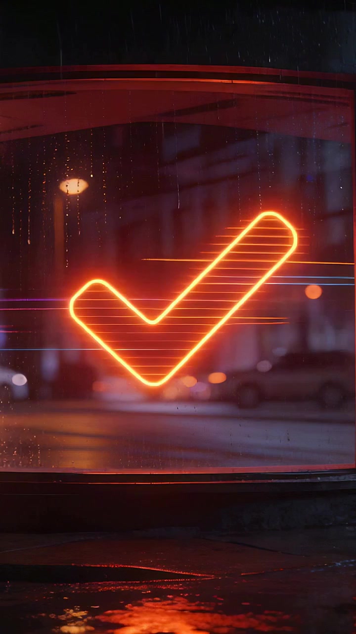 Vertical video: Pulsing neon check mark confirming action on wet city glass, triggered by scanlines