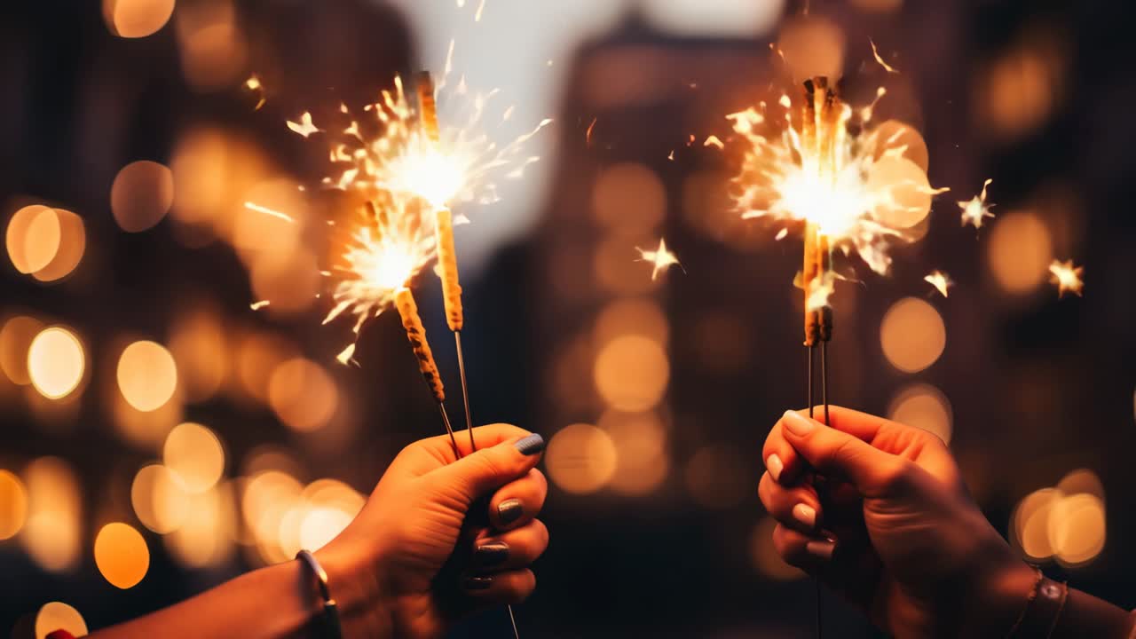 Ripresa video ravvicinata di mani che tengono stelle filanti su uno sfondo urbano illuminato da bokeh