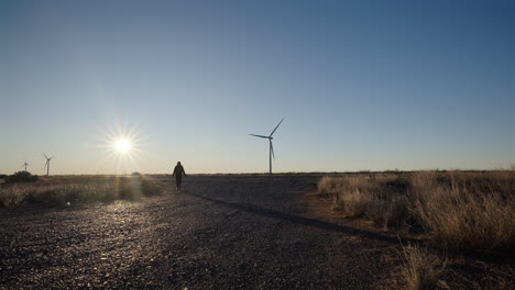 person walking in field with wind turbines, symbolizing harmony with nature