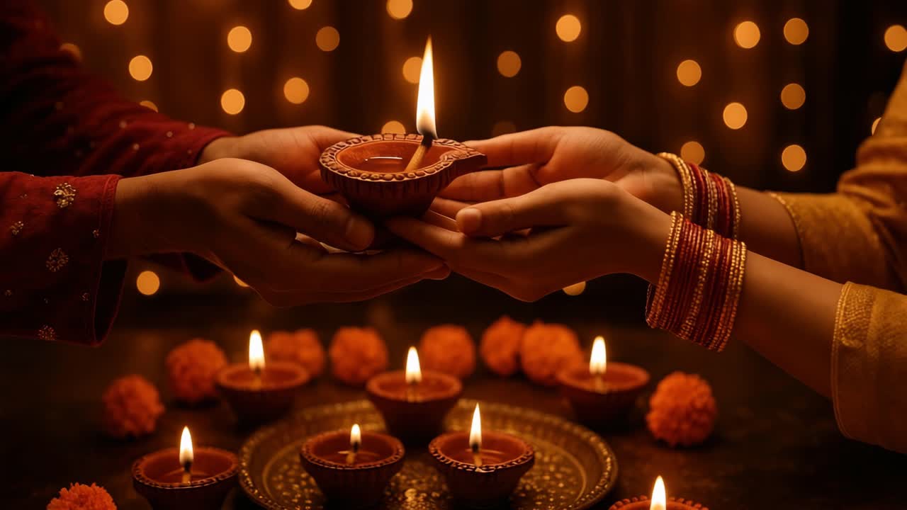 Warm, festive video scene of hands exchanging a lit diya, captured at eye level