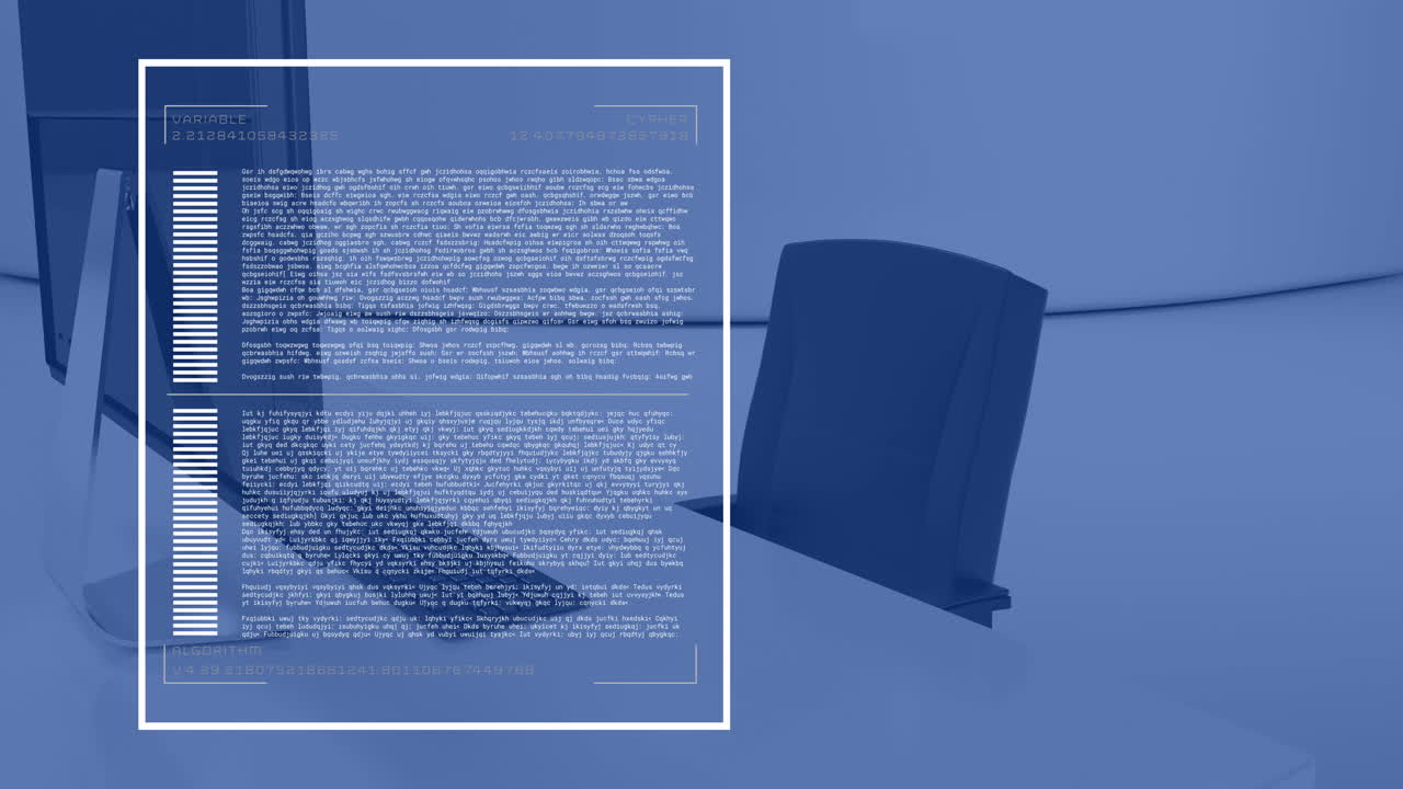 animación del procesamiento de datos financieros en computadora en el escritorio de la oficina y fondo azul