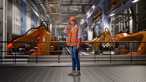Full Body Side View Of Asian Female Engineer With Safety Helmet Having A Headache While Working With Industrial Robotic Arms Working