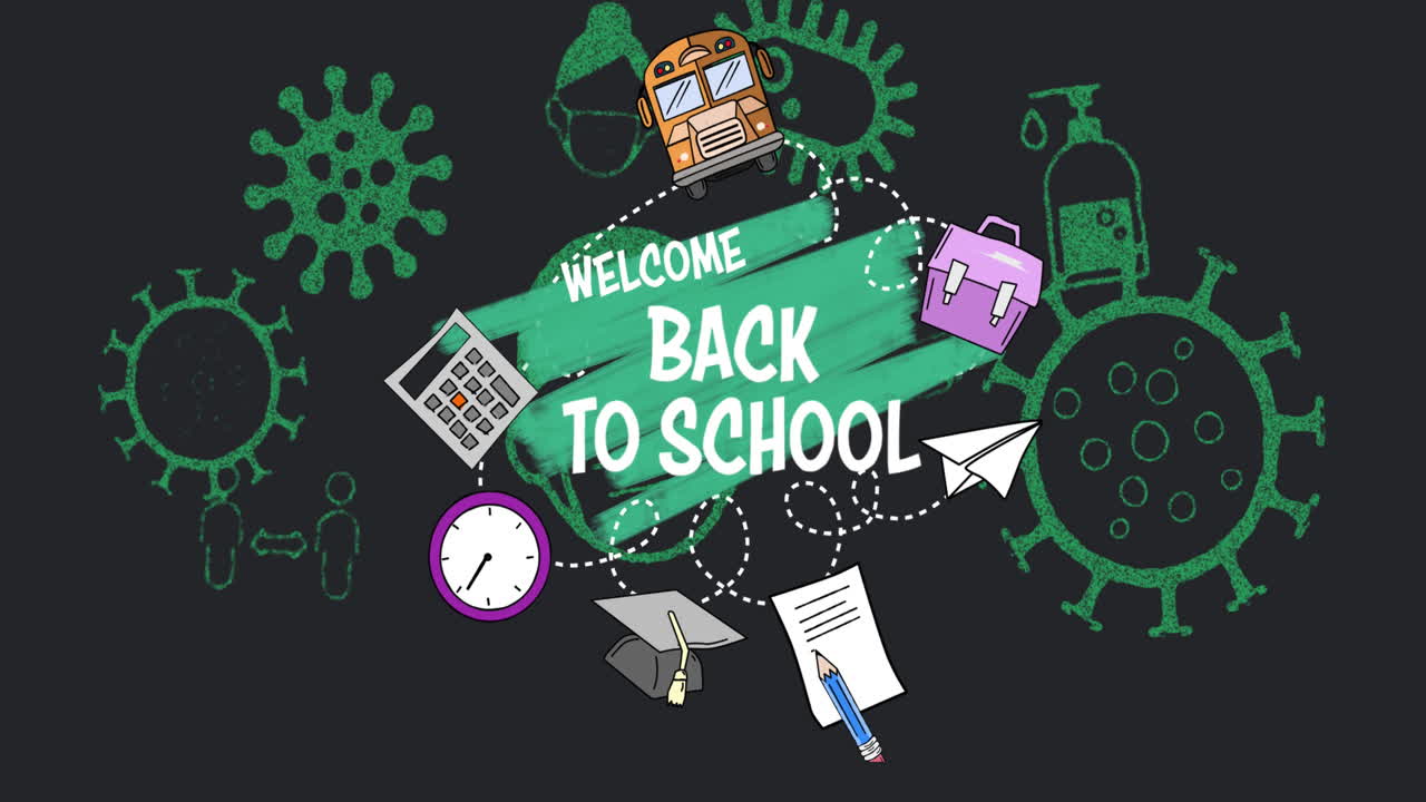 검은색 배경의 코로나바이러스 개념 아이콘에 대한 학교 텍스트에 다시 환영합니다.