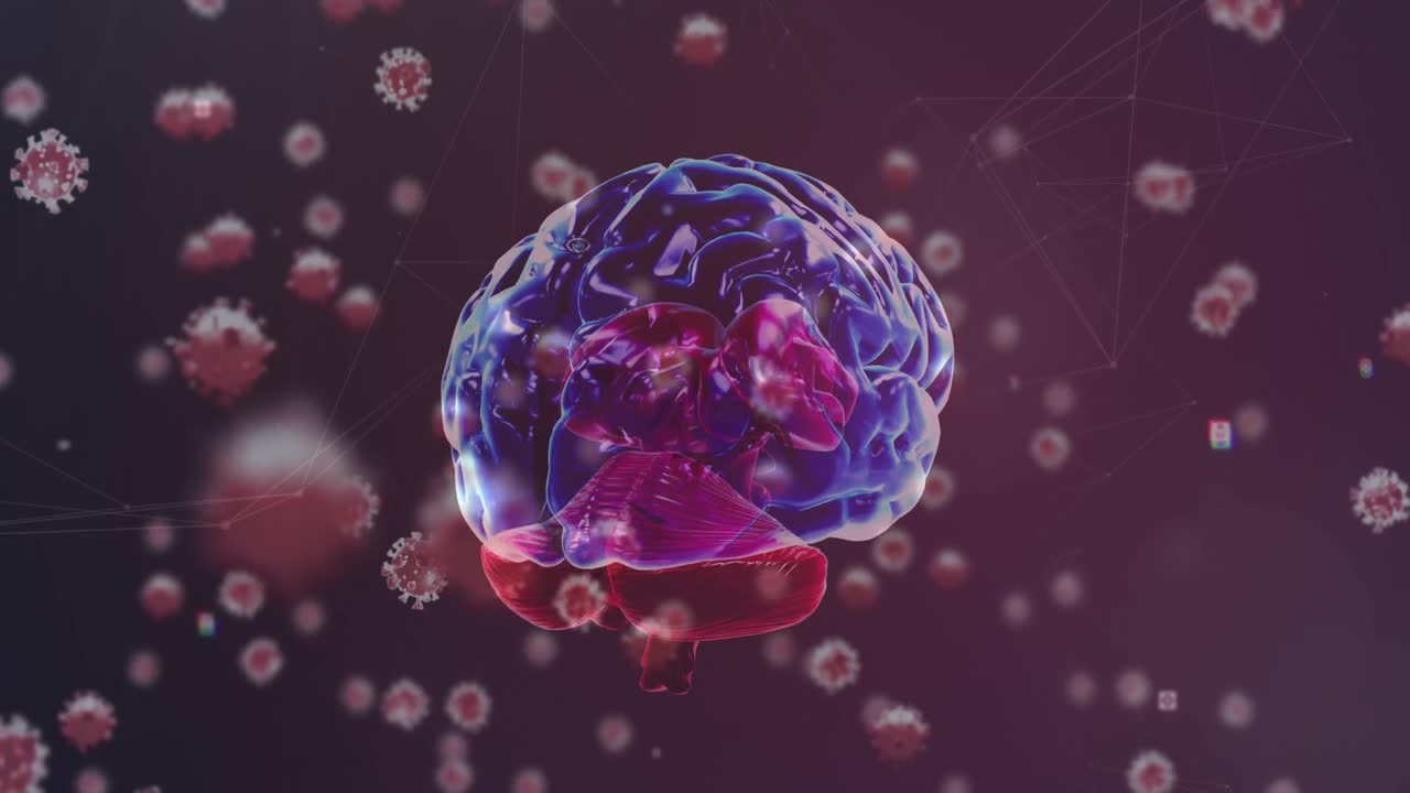 인간의 뇌가 회전하는 코로나19 세포의 애니메이션