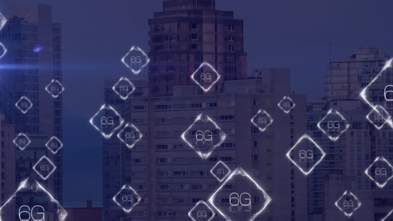도시 풍경 위의 6g 텍스트와 연결된 네트워크의 애니메이션