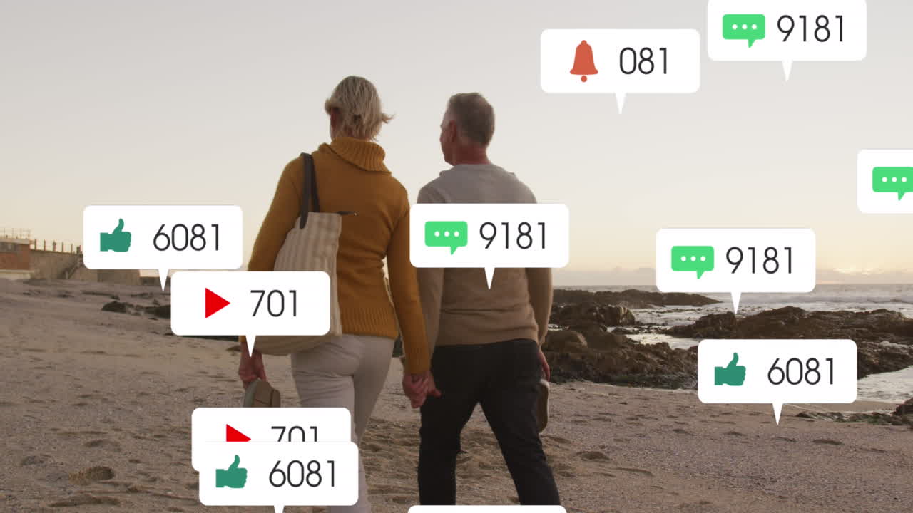 animación de texto e iconos de las redes sociales sobre una pareja caucásica en la playa