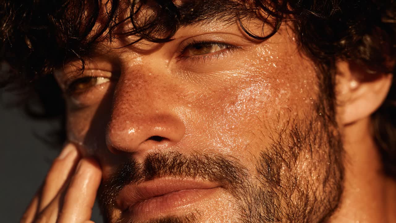 A Close-Up Exploration of a Man's Expressive Face with Defined Features and Glowing Skin, Capturing Intense Emotions in Natural Light