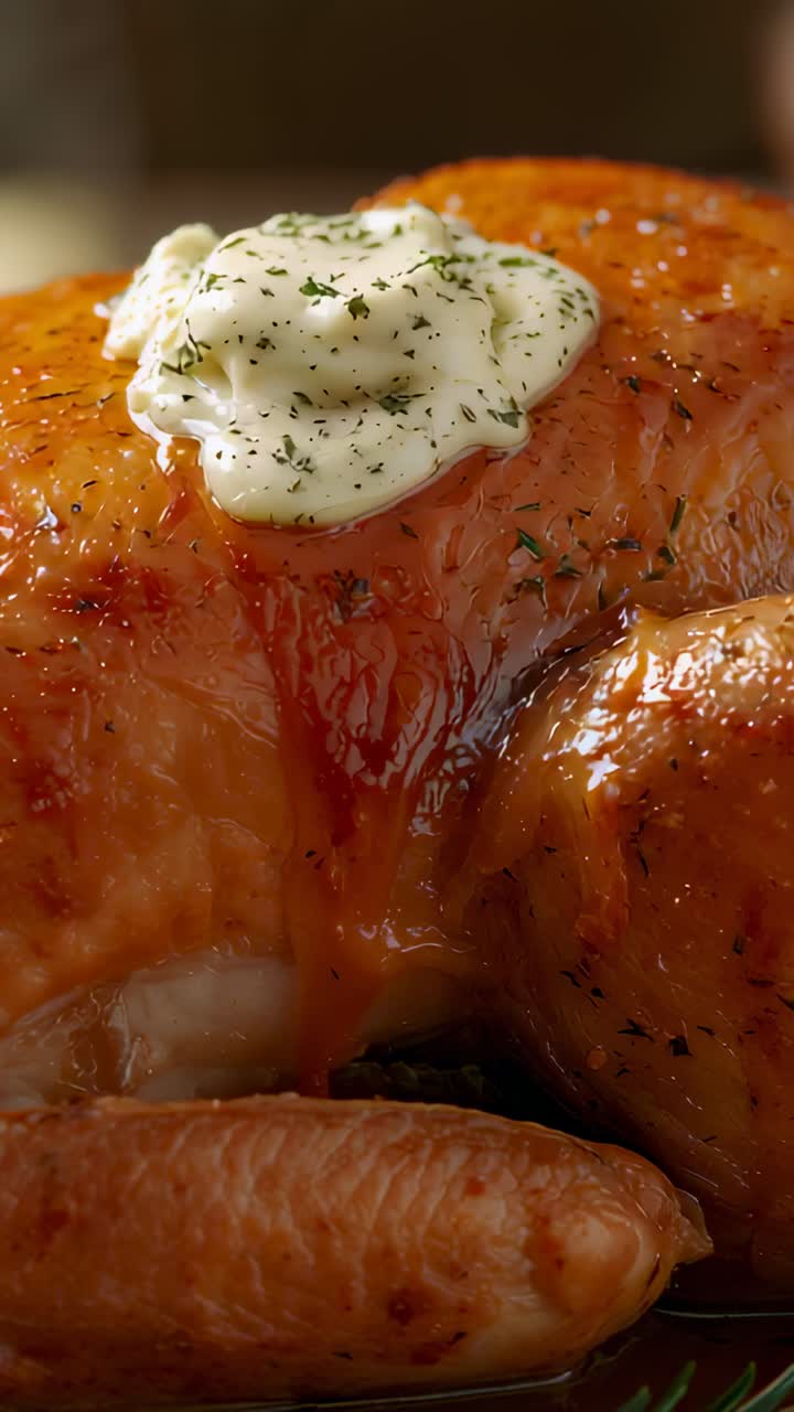 Vertical video: Shifting light causing roast glowing as sauce melting with herbs on tray in kitchen