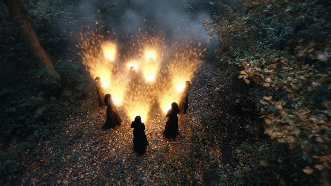 A Mysterious Gathering in the Forest: Figures Enveloped in Shadows and Firelight, Creating an Enigmatic Scene of Sorcery and Ritualistic Celebration Amidst Autumn Leaves