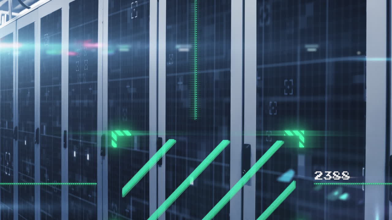 Animation of lines in viewfinder with changing numbers, lens flares on server racks in server room
