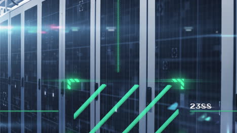 animation of lines in viewfinder with changing numbers, lens flares on server racks in server room