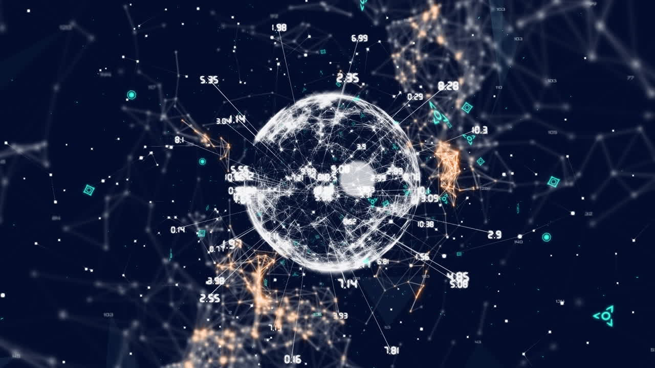 Animation of network of connections with icons and globe over blue background
