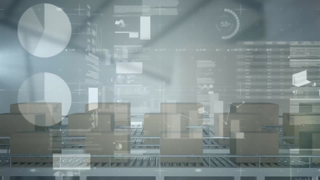 창고의 컨베이어 벨트에 있는 상자 위에서 금융 데이터 처리의 애니메이션