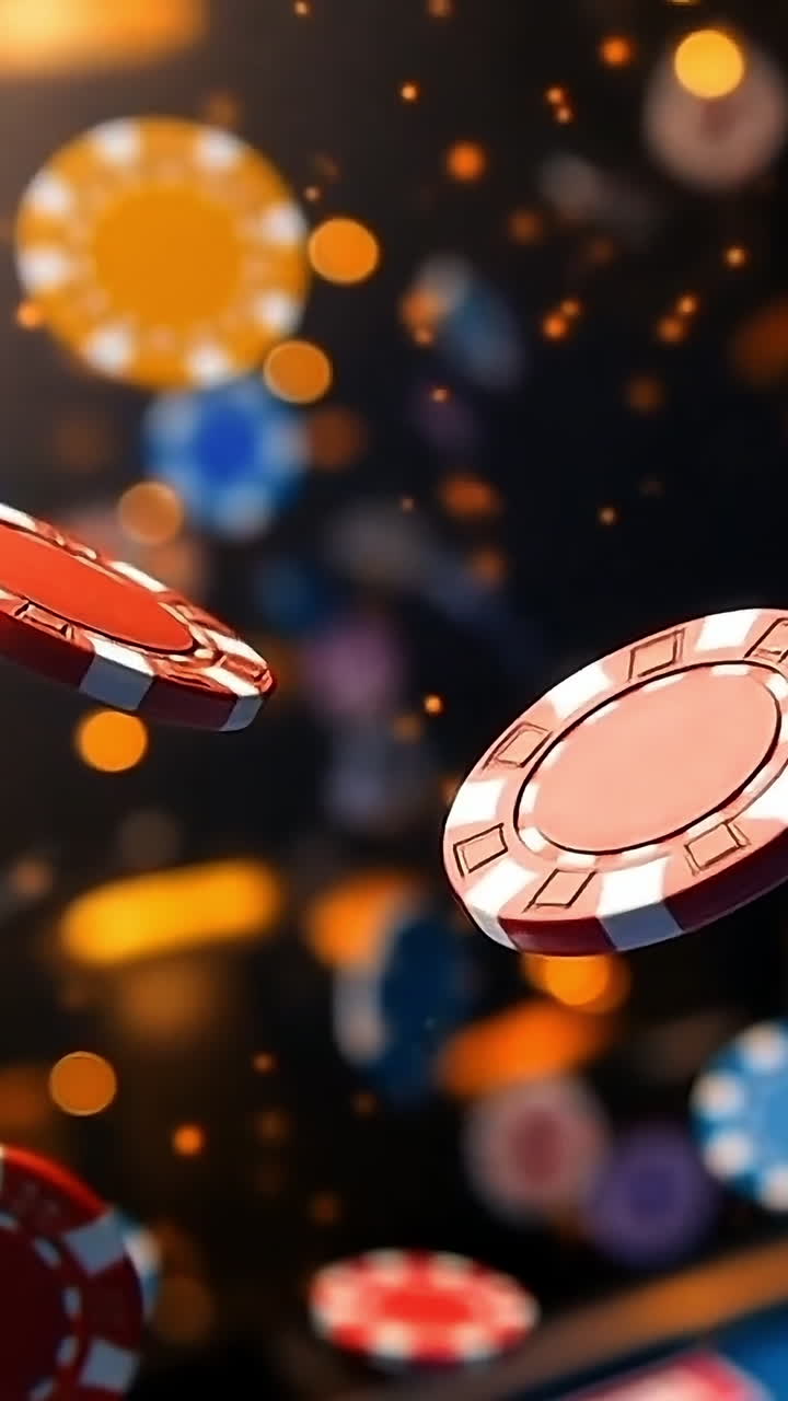 Colorful chips in the air. Casino chips in various colors hover dramatically against a blurred background of a vibrant gaming environment.