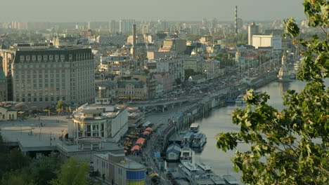 static, elevated clip of heavy evening rush hour traffic in podil district of kiev