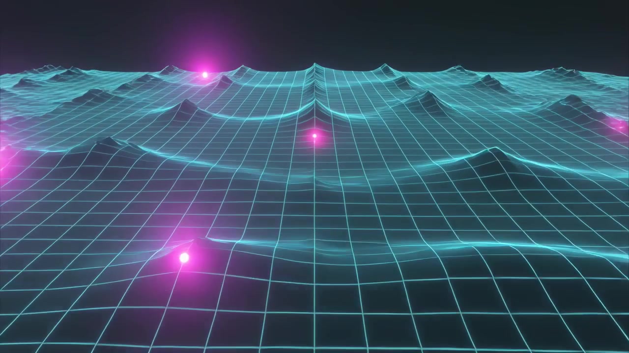 Pulsing magenta orbs emerging from horizon and moving across teal grid mesh, brightening ridges
