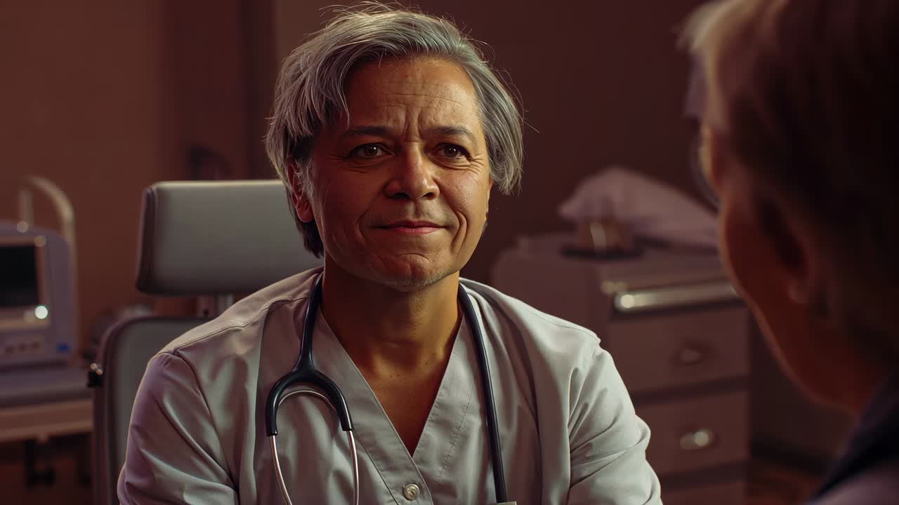 Listening clinician replying to patient speaking in exam room in scrubs and stethoscope, reassuring