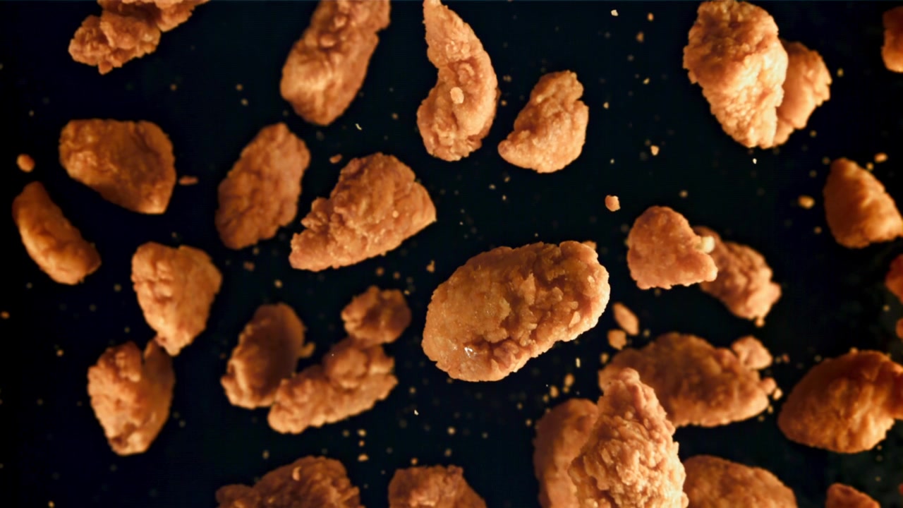 Gerak Lambat Nugget Ayam Goreng Renyah Jatuh di Latar Belakang Hitam