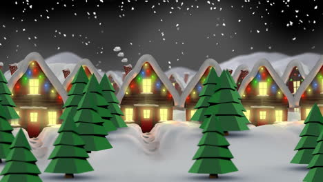 Animation-of-snow-falling-over-houses-with-fairy-lights