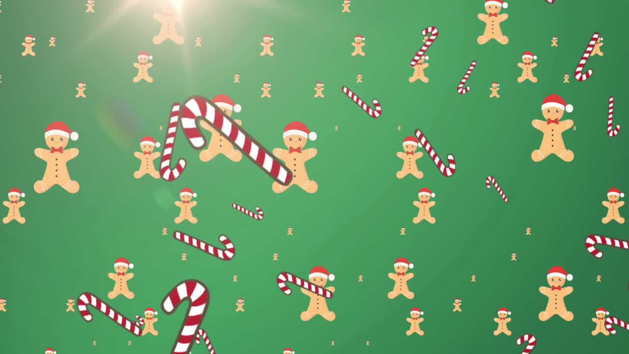 Animación de bastones de Navidad y galletas cayendo sobre un fondo verde.