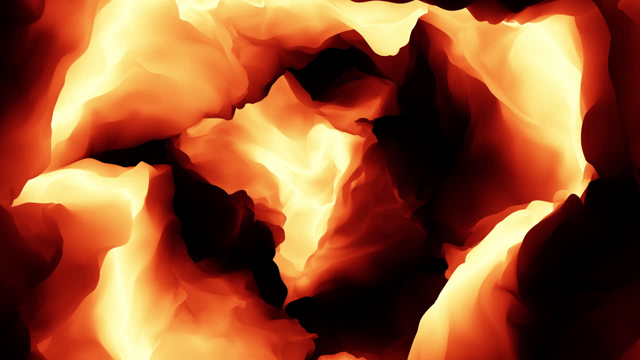 Fiery close-up vibrant orange and yellow flame with billows of black smoke on dark background