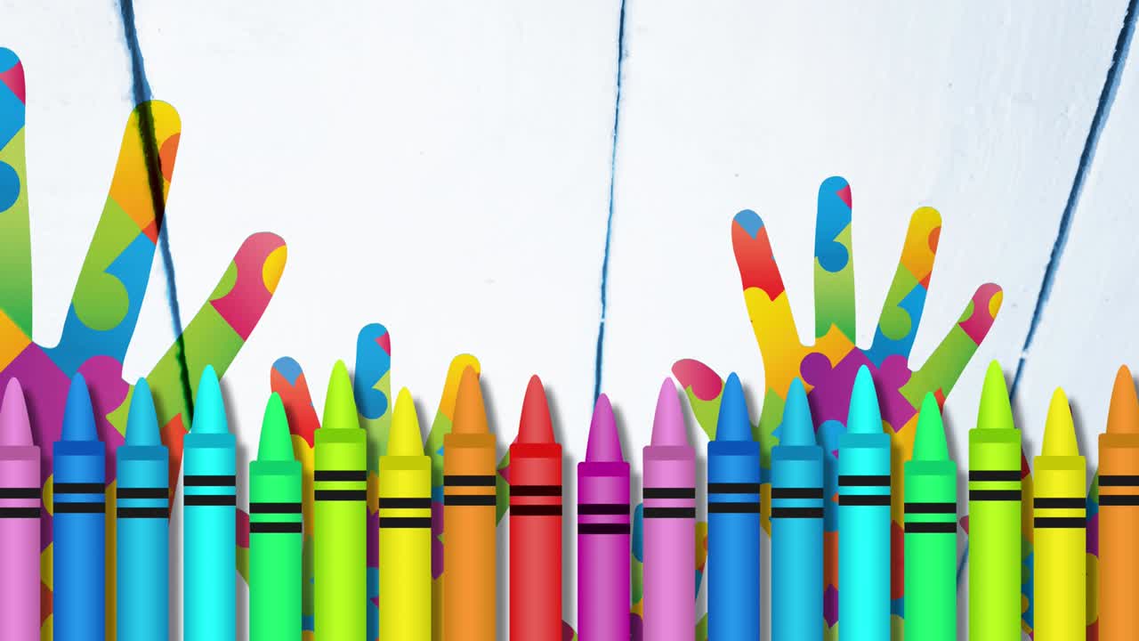 퍼즐로 형성된 손 위에 다채로운 연필의 애니메이션