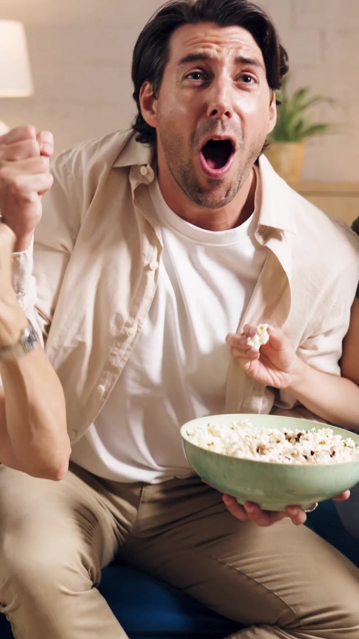 Group of Friends Cheering While Watching Sports on TV at Home