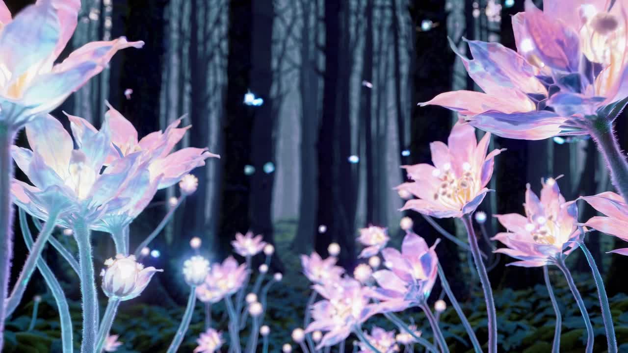 A mesmerizing video of glowing, ethereal flowers in a mystical forest, creating a surreal