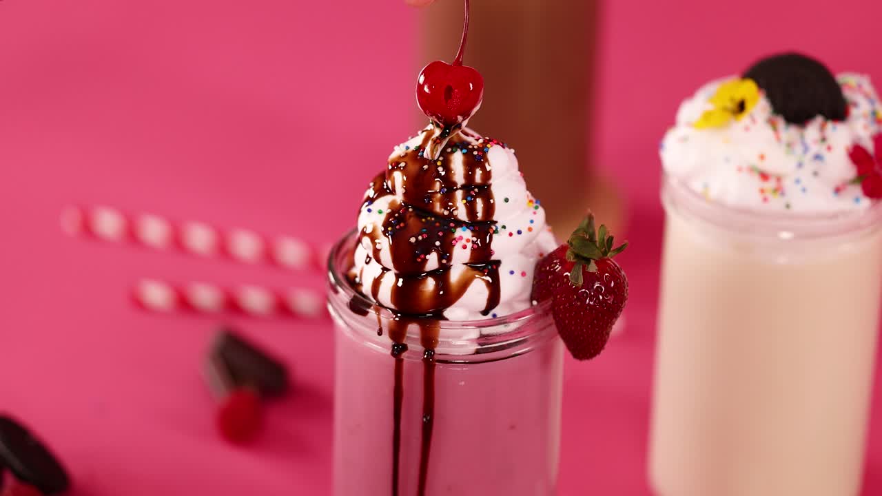 Strawberry milkshake topped with whipped cream, chocolate syrup, cherry, and sprinkles on pink background