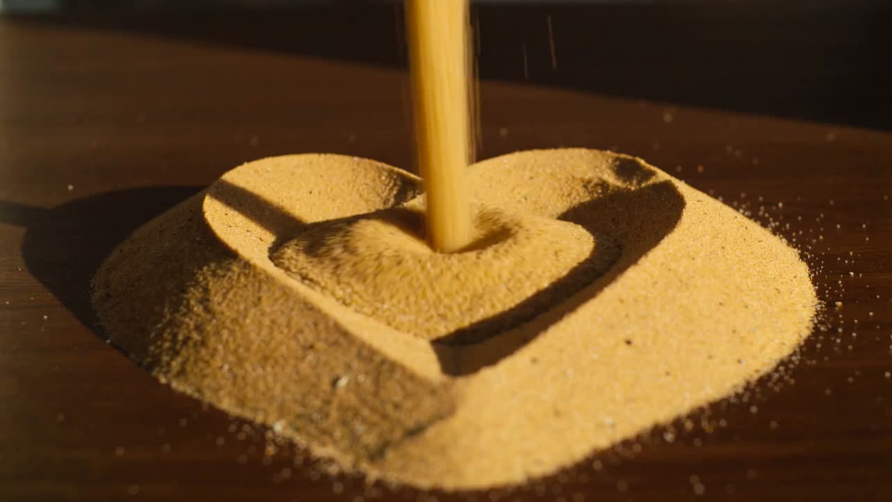 Striking steady falling stream forming cone sand mound on dark table, filling heart outline