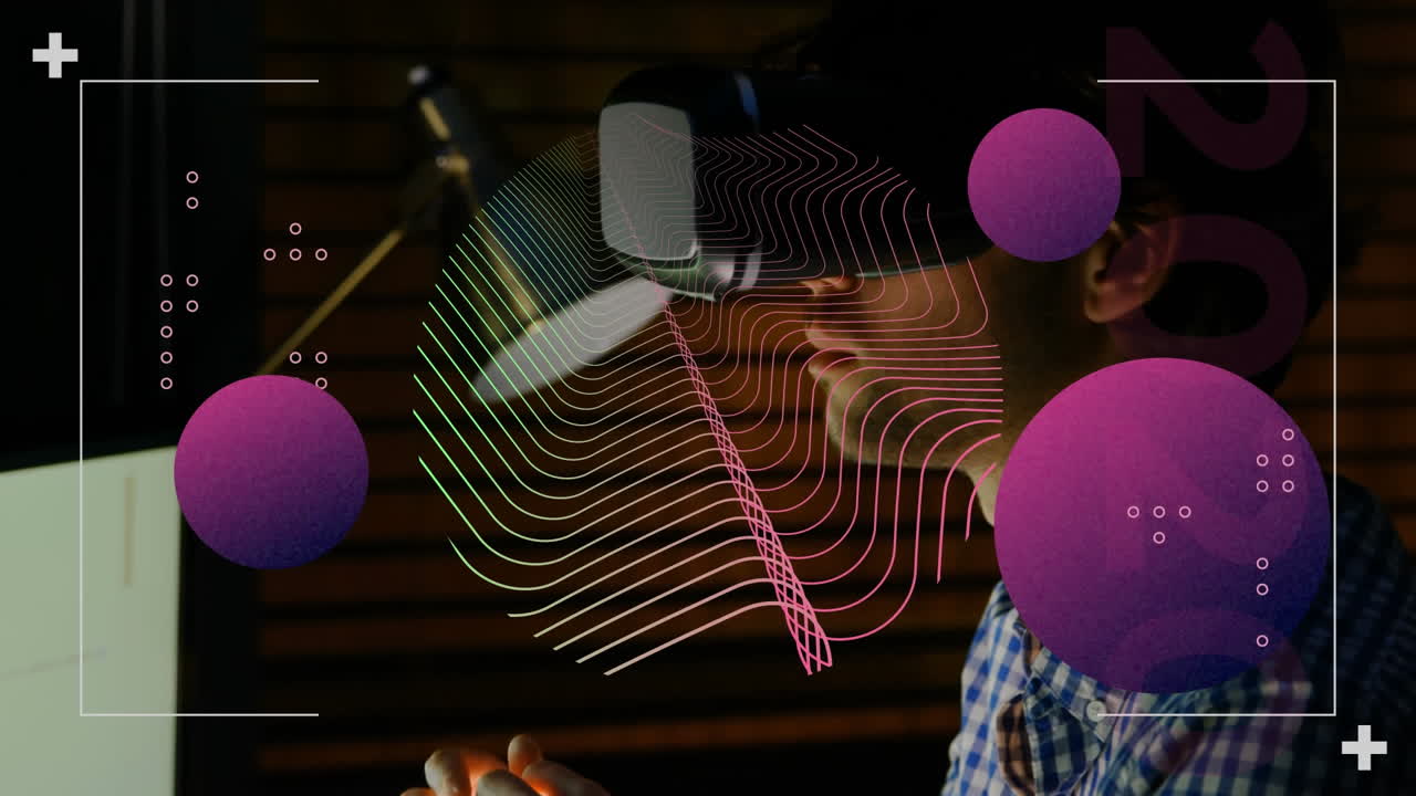 Animation of shapes and spots over caucasian businessman using vr headset