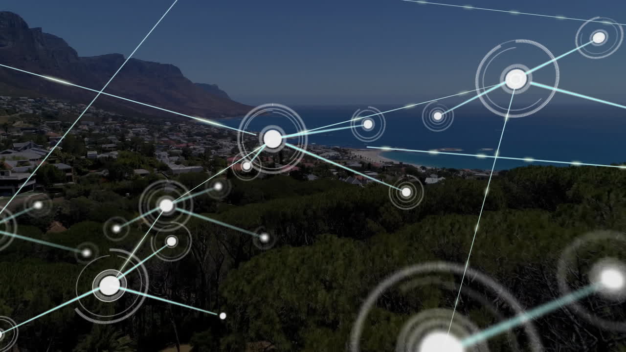 red de conexiones y animación de procesamiento de datos sobre el paisaje costero