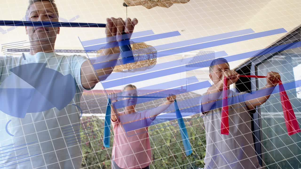 Instructor arm leading pull, overlay showing fitness charts group mirroring blue or red bands on pat