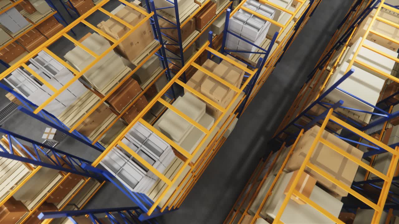 almacén con cajas de cartón en el interior en estantes de paletas, centro logístico. loft almacén moderno. cajas de cardboard en una cinta transportadora en un almacén, animación de renderización 4k 3d.