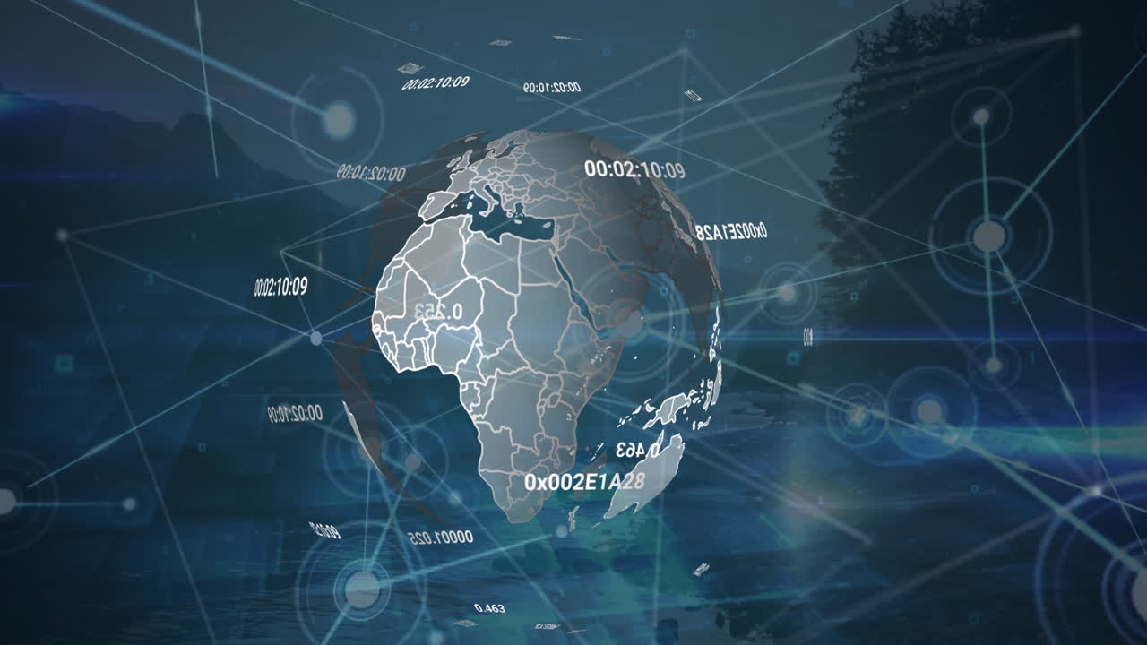Animation of network of connections and changing numbers over spinning globe against landscape