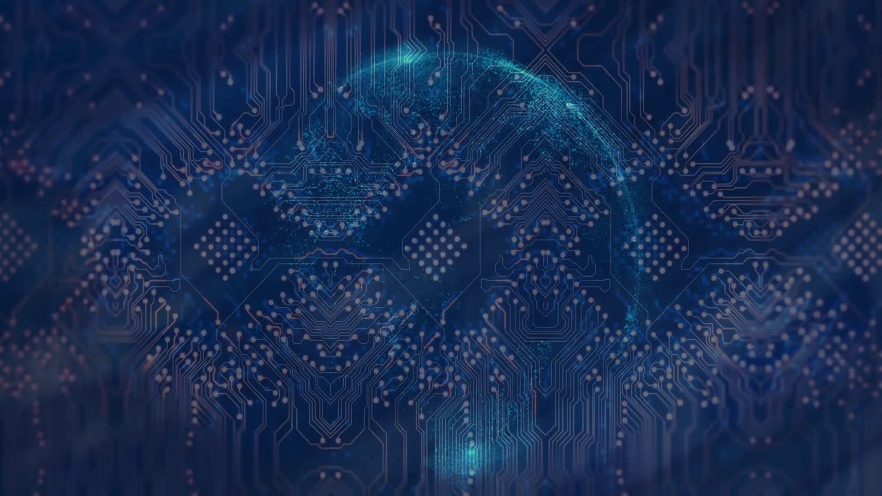 animación del globo, procesamiento de datos a través de una placa de circuitos informáticos