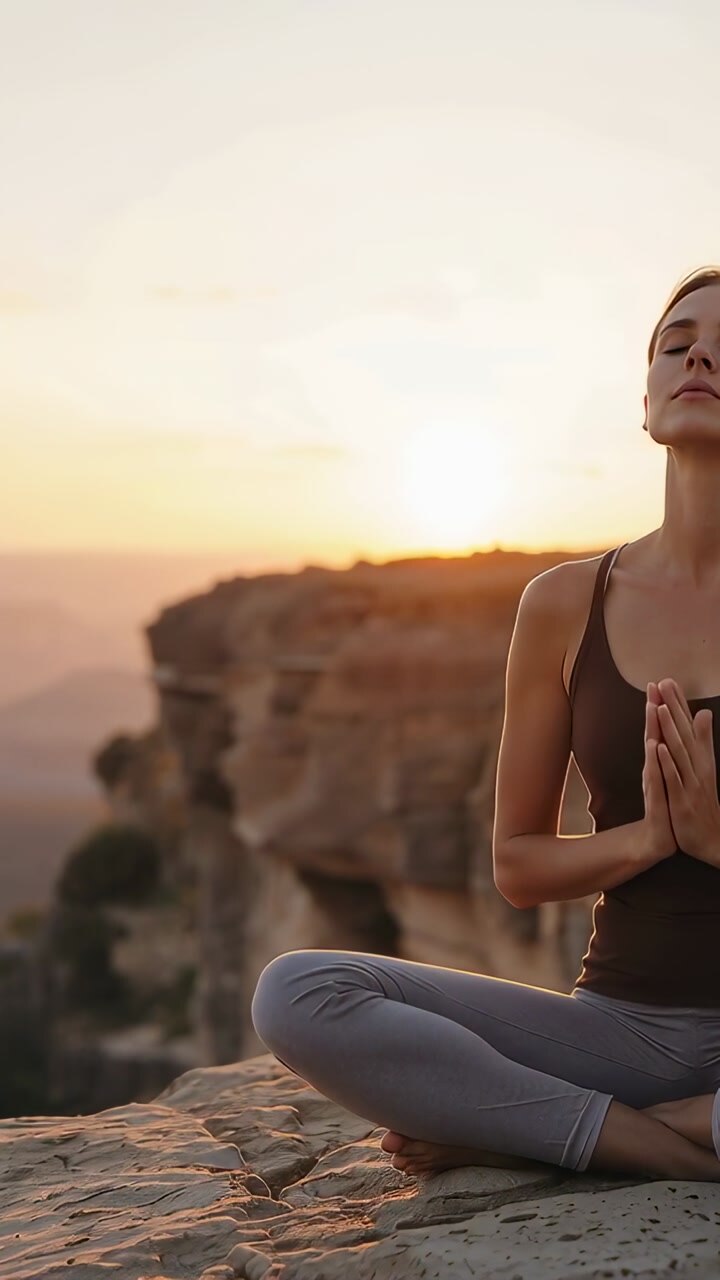 Vertical video: Woman meditating on cliff while sun rising and hands forming mudra for wellness