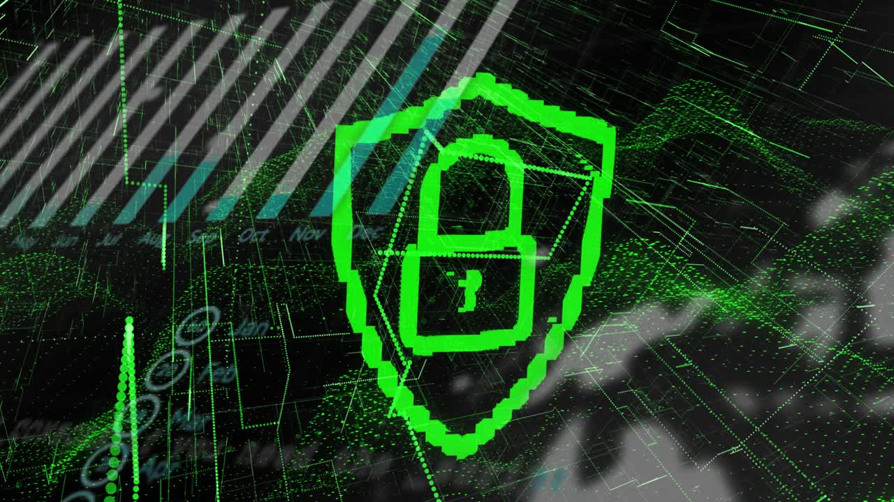 Animación de un candado de seguridad en línea procesando datos sobre una malla verde.