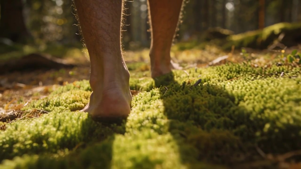 Lifting foot, adult male bare lower legs and feet walking on mossy forest floor, scattering needles