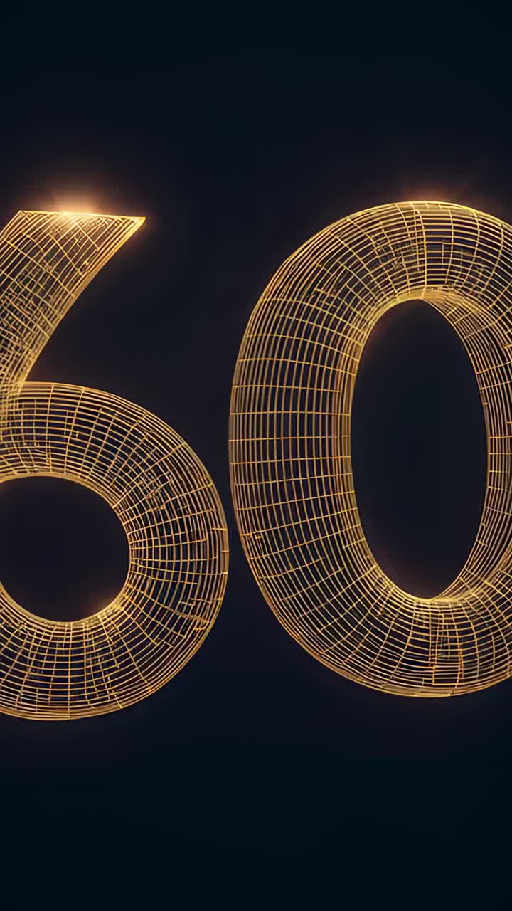 Video verticale: fotogrammi iniziali che mostrano un wireframe dorato con il numero 60 pulsante in uno studio buio, griglia ad alone
