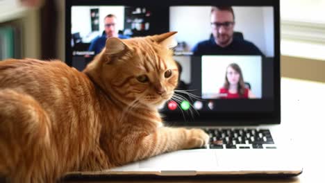 a playful cat invades a video conference call, captivating attendees with its adorable antics and unintentional disruptions during an important virtual meeting