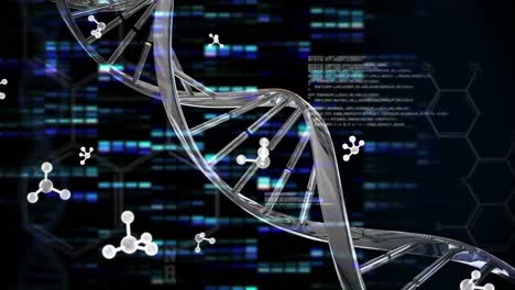 animation of molecules and data processing over dna strand and moving columns on black background