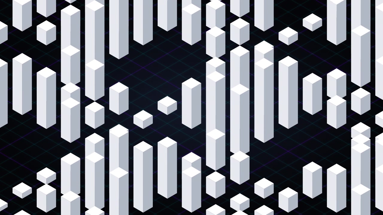 Abstract Isometric 3D White Bars Moving on Dark Grid Background