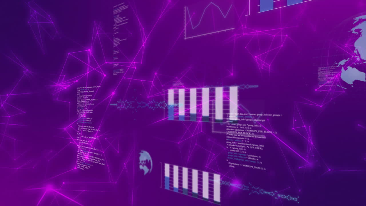 Animation of digital graphs and charts over purple network connections and data