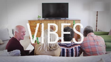 animation of vibes text over friends drinking beer and having fun at home