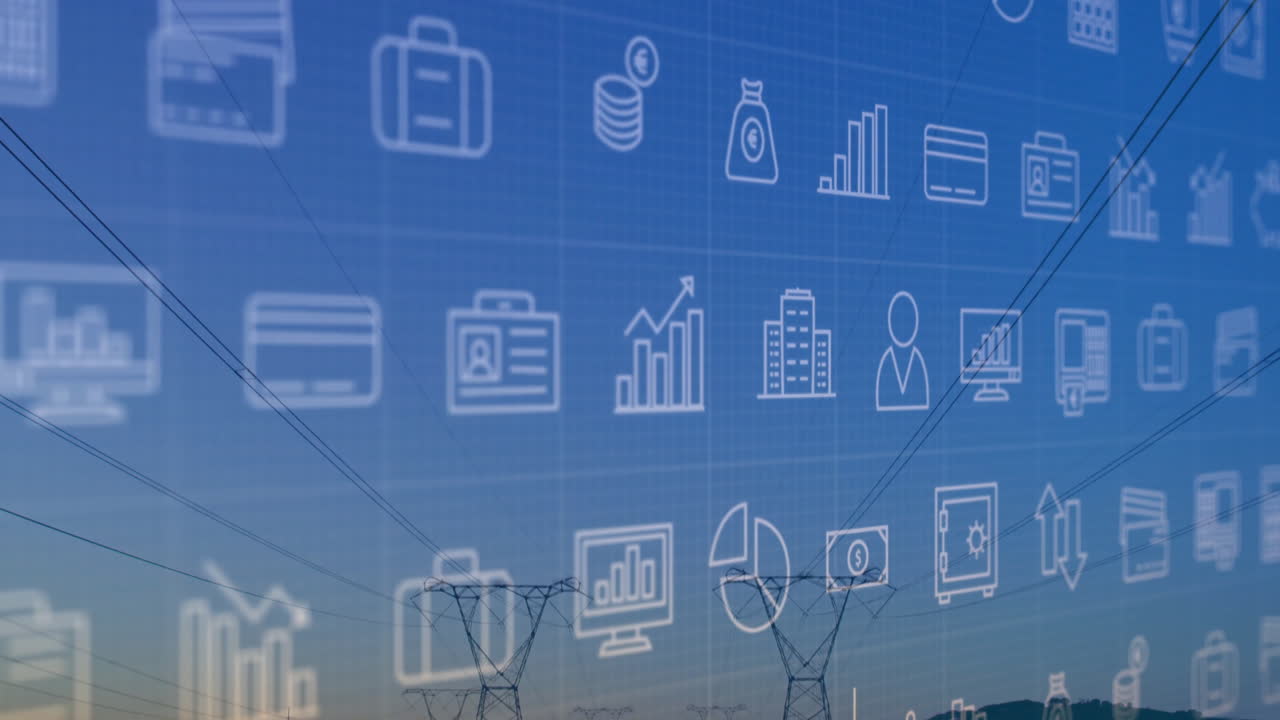 Financial icons and data processing animation over power lines at sunset