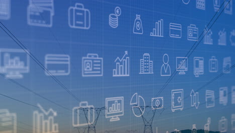 financial icons and data processing animation over power lines at sunset