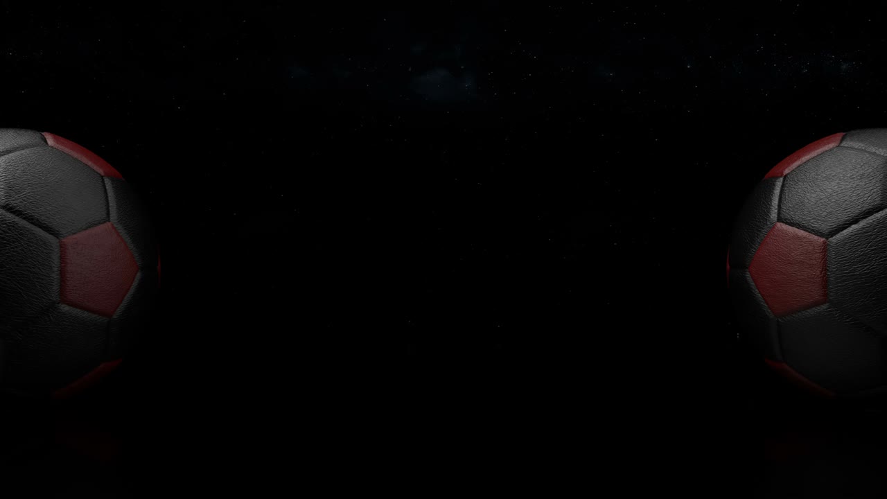 3d design of football balls on the dark background. Looped animation of rolling soccer balls from leather on the universe and stars background.