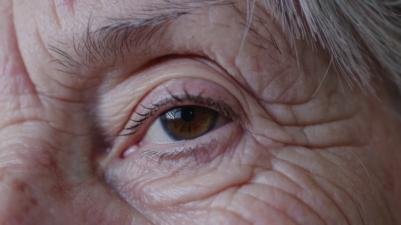 Close-up of an elderly person's eye with wrinkles